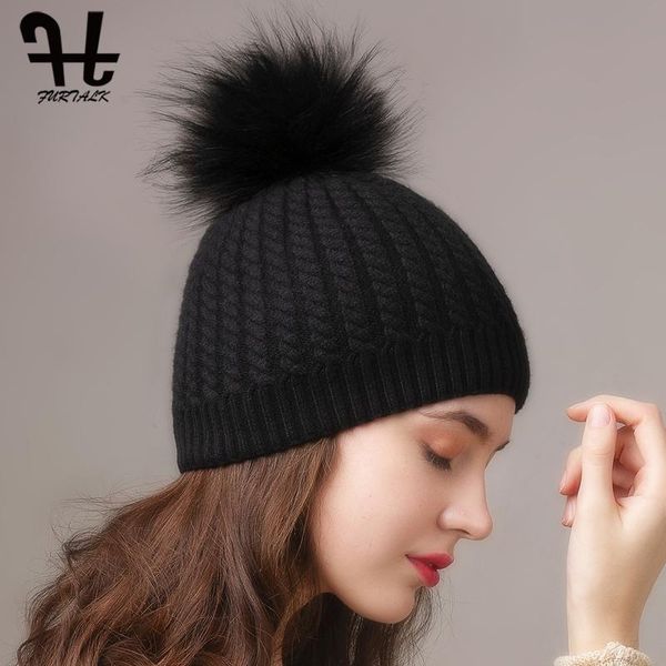 

beanie/skull caps furtaik winter hat for women knitted pompom beanie warm double layer bonnet cap female ladies red pom, Blue;gray