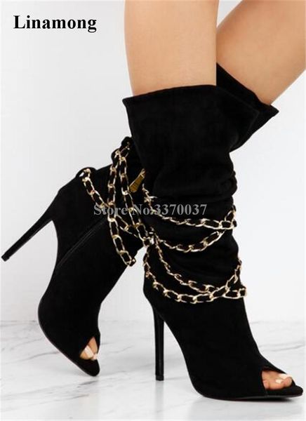 

new fashion women open toe black suede leather gold chain design gladiator boots thin heel blue mid-calf high heel boots