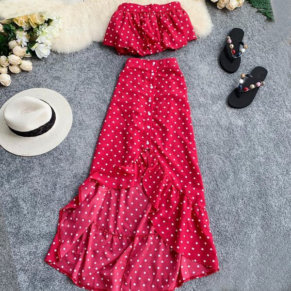 

2020 spring summer bohemian women two piece set red polka dot strapless + long skirt boho chic irregular ruffles 2 pcs set t200702, White