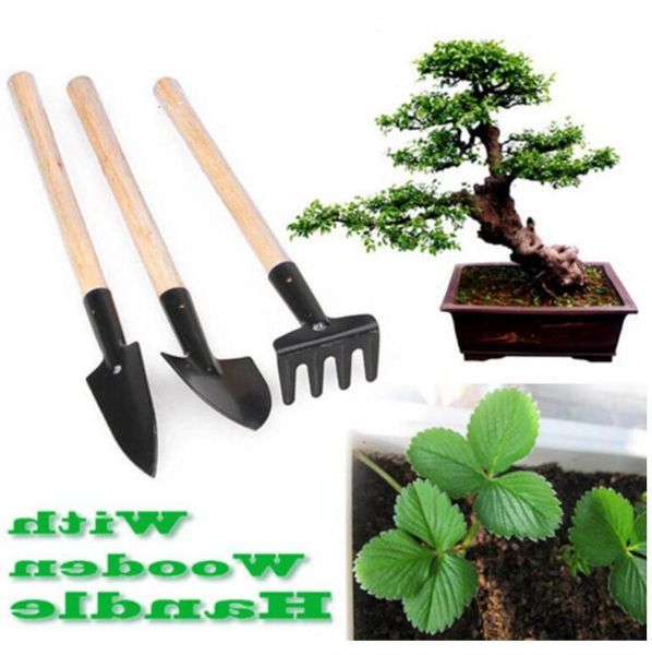 

3pcs/set mini portable gardening tool wooden handle metal head shovel rake bonsai tools flowers plants