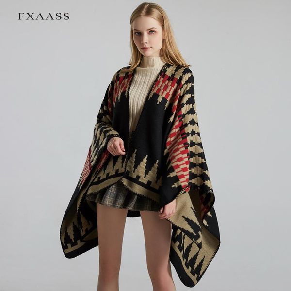 

scarves fxaass 2021 autumn winter shawl fashion poncho women cashmere scarf lady luxury blanket warm serrated geometry cape, Blue;gray
