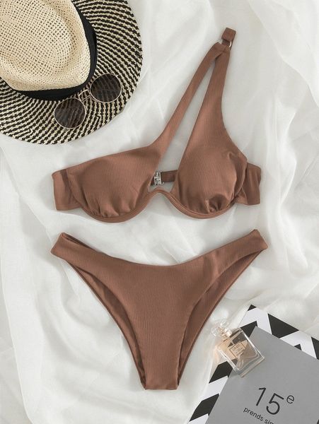 

rib underwire one shoulder bikini swimsuit r3dg#, White;black