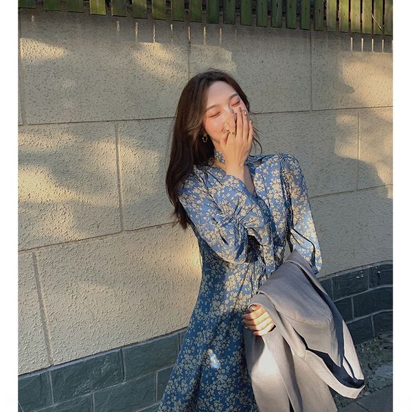 

2020 autumn new high waist slim horn dress \" luxemburg garden \"trumpet sleeve temperament floral dress jl8tt, Black;gray
