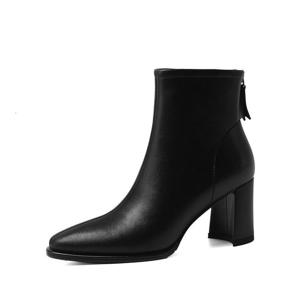 

2021 women pointed toe square heels ankle new genuine leather back elegant winter boots party shoes woman x3m0, Black