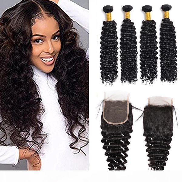 

peruvian human hair 5pcs lot middle part lace closure with 4pcs hair bundles unprocessed human hair weave extension deep wave with closure, Black;brown