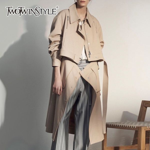

twotwinstyle zipper removable trench coat women long sleeve bandage slim windbreaker female fashion clothes 2020 autumn winter 1028, Tan;black