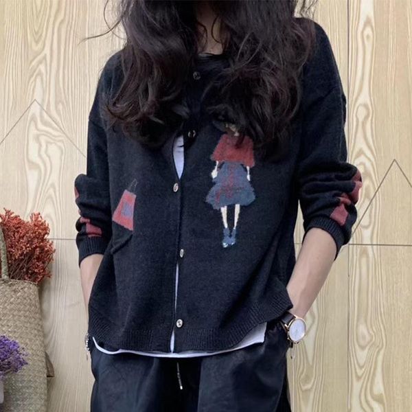 

new arrival 2020 autumn korea fashion women long sleeve single breasted cardigan all-matched casual cartoon sweaters m221 c1024, Black