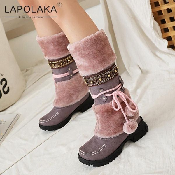

lapolaka 2020 large size 43 thick heels mid calf boots woman shoes platform patchwork add fur warm snow boots female, Black