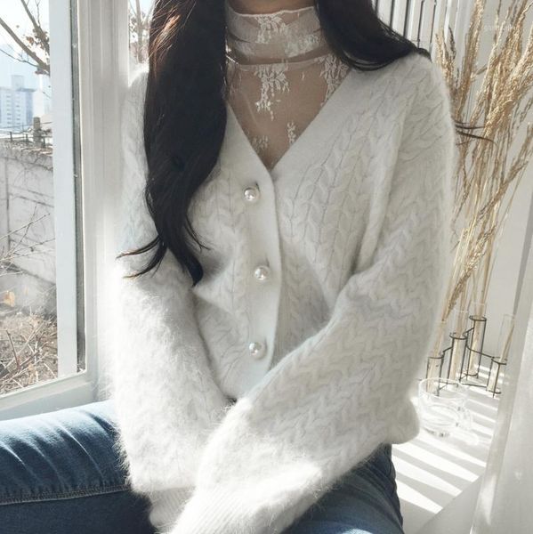 

south korea thickening v-neck warm fashion twist pearl clasp restoring ancient ways the sable wool cardigan lantern sleeve sweat1, White
