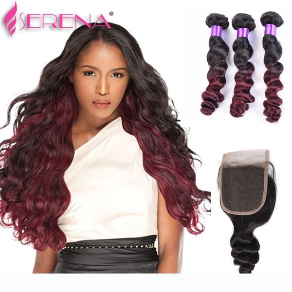 

mink brazilian virgin hair body wave with closure 1b 99j burgundy ombre brazilian hair with closure lace closure with bundles loose wave, Black;brown