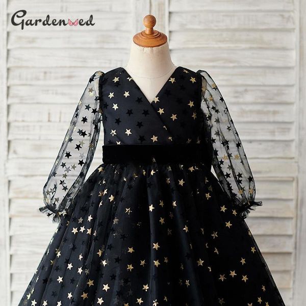 

girl's dresses shiny star girl party dress illusion sleeve aline baby tulle velvet bow birthday year 2021 simple, Red;yellow