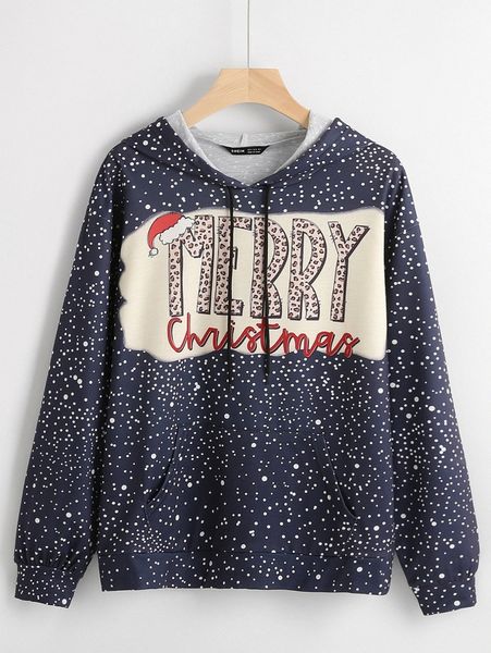 

plus christmas print drawstring hoodie a4og#, Black