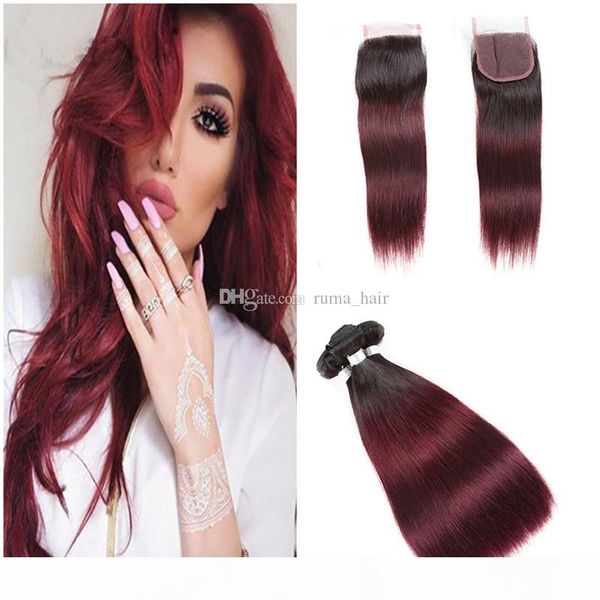 

brazilian hair straight in extension pre-colored t1b 99j 100% human hair 3 bundles with closure wine red dark root hair weave with closure, Black;brown