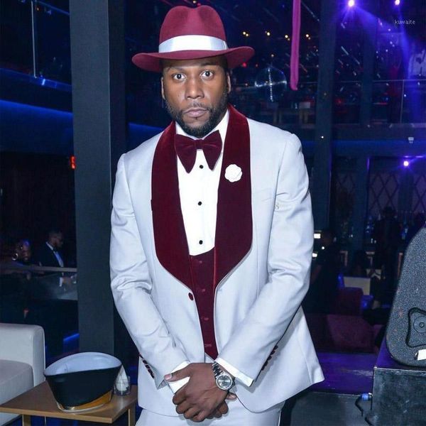 

white men wedding suits with burgundy shawl lapel groom tuxedoes slim fit one button prom party blazer (jacket+pants+vest)1, White;black