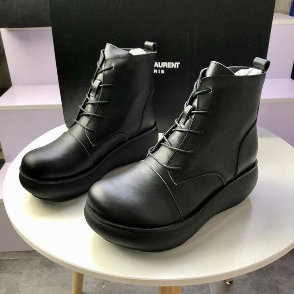 

handmade кожи женщины мартин сапоги осень 2020 новых мягкой кожа толстого bottom slope heel круглой голова передняя lace up, Black