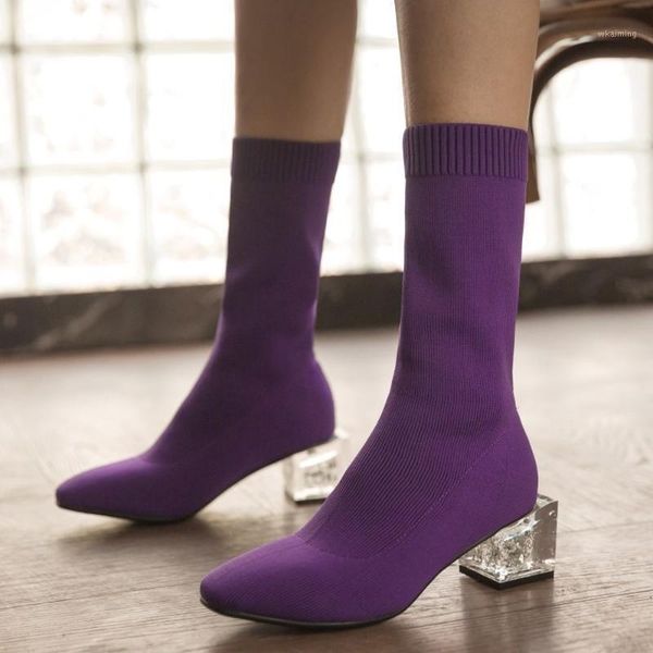 

boots us4-11 womens knitted knitting ankle pointy toe block clear transparent crystal heel shoes pull on plus size1, Black