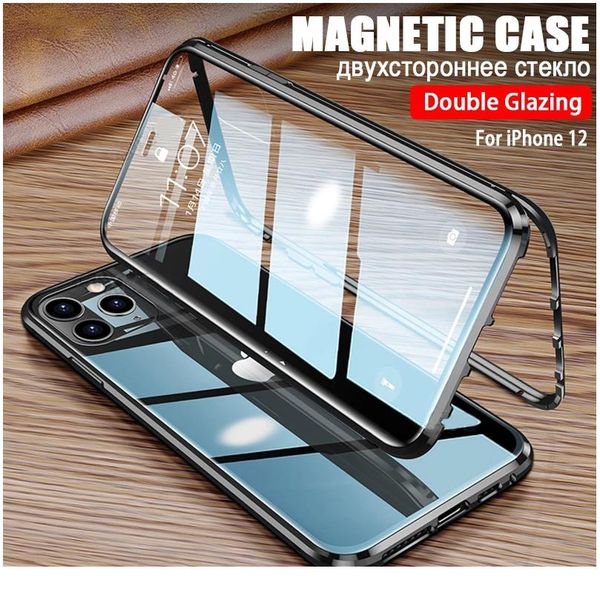 

360 magnetic adsorption metal case for iphone 12 11 pro xs max xr double-sided glass case for iphone wmtdnw