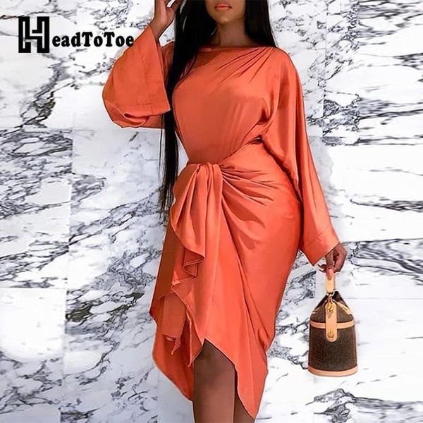 

women batwing long sleeve tied front midi dress ladies autumn round neck casual dress1, Black;gray