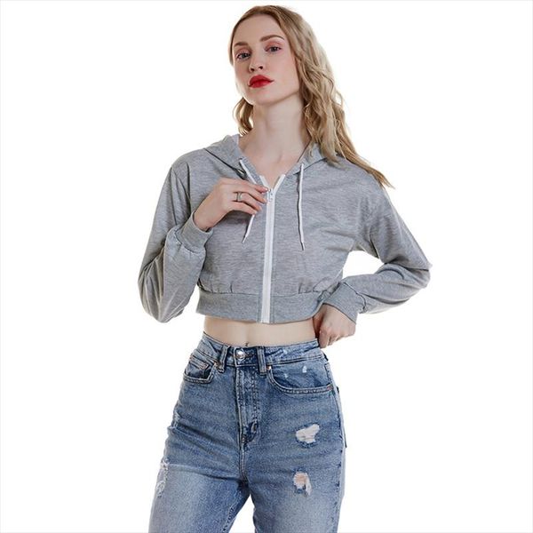 

solid color zip up crop outwear slim short hoodies women spring autumn drawstring hooded long sleeve hoodie sweatshirts, Black