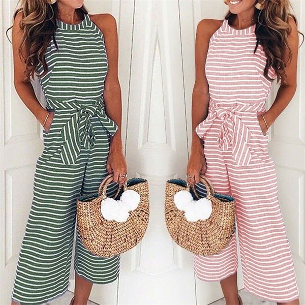 

spring summer jumpsuit women loose sleeveless striped bodysuits casual lace up rompers female o neck jump suit ladies clothes t200701, Black;white