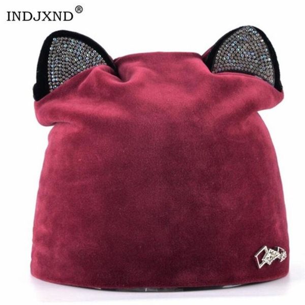 

autumn winter women's beanies cat hat ladies warm velvet skullies cap with flashing rhinestone ear flaps girls cute bonnet touca, Blue;gray