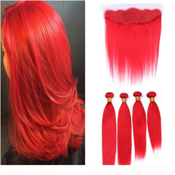 

pure red straight lace frontal closure 13x4 ear to ear with weaves 4bundles malaysian human hair bright red weave wefts with frontal, Black;brown