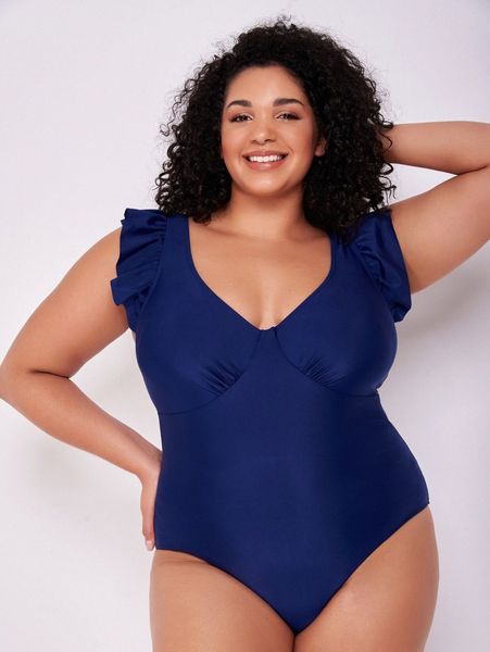 

plus solid ruffle trim one piece swimsuit i3mb#, Black
