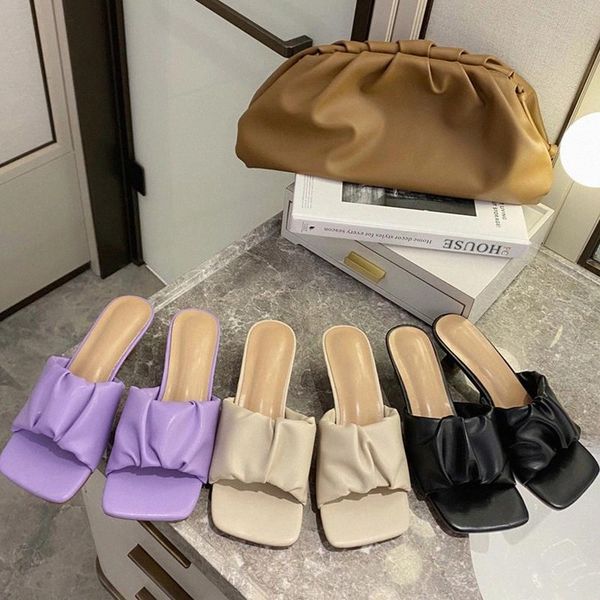 

new mules women slipper 2020 summer square toe high heel ladies leather sandals mujer flip flop dress shoes slides #481v, Black