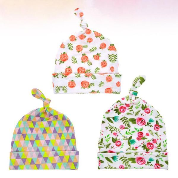

3 pcs baby cotton knitting hat printed pattern cap elastic cap for newborn baby kids (orange rose, rosy rose, colorful triangle1, Yellow