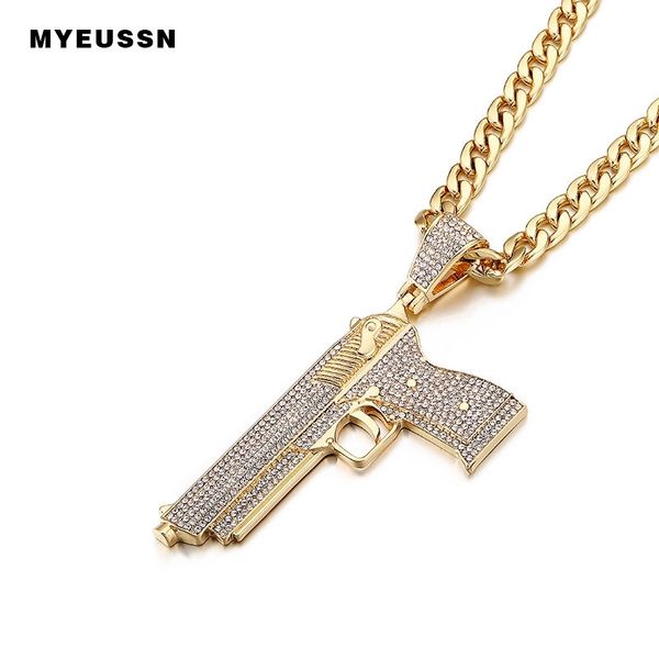 

rhinestone bling pistol gun necklace& pendant ice out silver color with cuban chain charm men hip hop jewelry father's day gift 201014