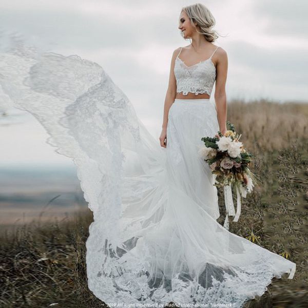 

two piece boho wedding dresses spaghetti straps country lace tulle bridal gowns romantic puffy bohemian beach wedding dress plus size, White