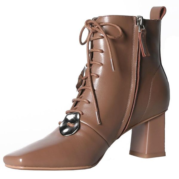 

2021 new cow genuine leather cross straps metal decoration fasteners square toe thick high heel zipper office lady short boots, Black