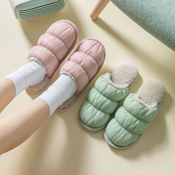 

new down design slippers winter solid men women indoor soft insole male female cloth non-slip footwear house shoe warm couples #t59v, Black