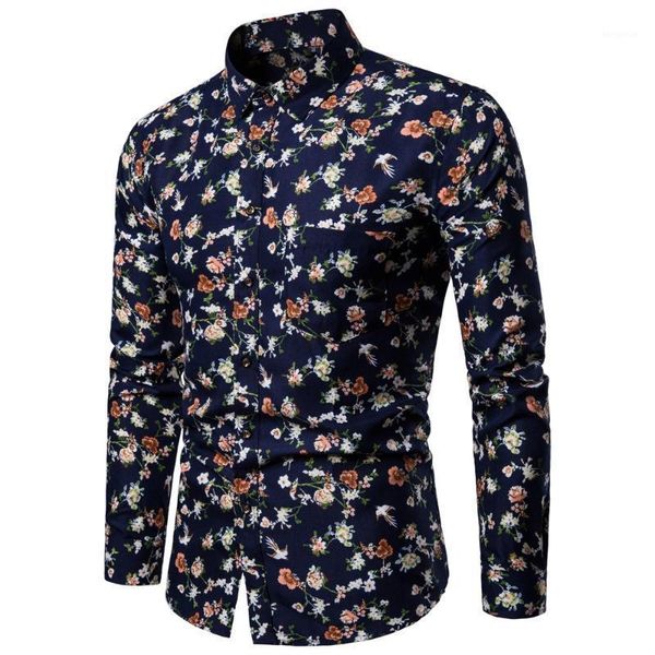 

stylish slim fit men shirt long sleeve flower print fashion casual mens shirt blouse streetwear camisa hombre 2020 new1, White;black