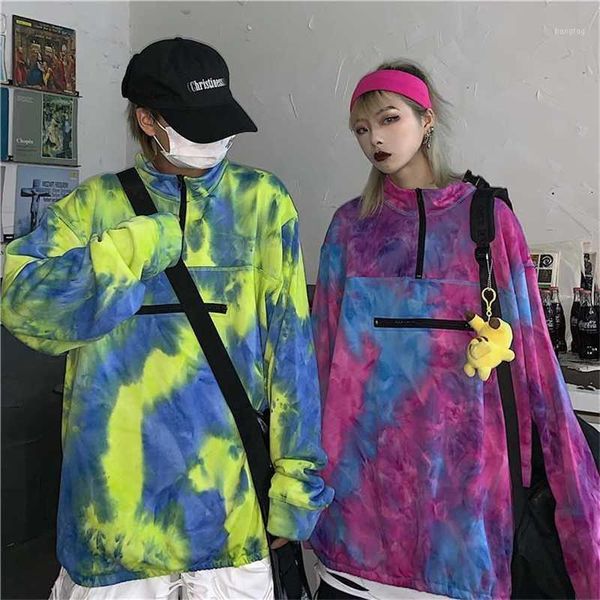 

sweatshirt hoodies women tide korean style of ins trend retro half zipper small high collar colorful tie-dye1, Black
