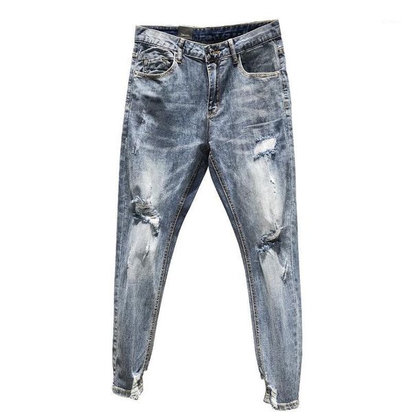 

wholesale 2020 fashion teenager denim casual ripped hole jeans men spring summer korean stretch feet ankle length pants homme1, Blue