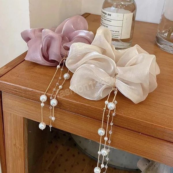 

japan and south korea tassel large intestine hair ring girl ball head rope rubber band coil hair pendant pearl hair rope, Pink