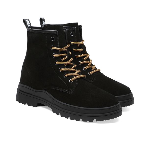 

fashion cowskin low heel round toe martin boots women lace-up solid chunky heel ankle boots in 35-40, Black