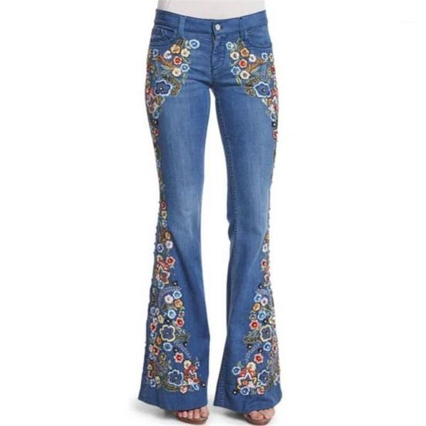 

4xl women flower embroidery flare jeans elegant plus size pants denim pants female casual long trousers1, Blue