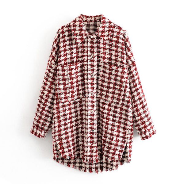 

women's jackets vintage stylish tweed oversized houndstooth jacket coat women 2021 fashion frayed side vents loose plaid outerwear chic, Black;brown