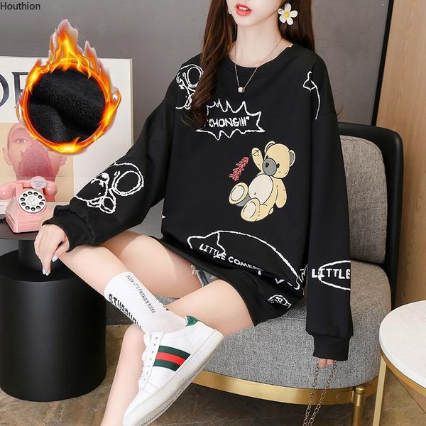 

houthion women sweater new fashion casual temperament spring and autumn plus velvet round neck cartoons long sleeve pullovers, White;black