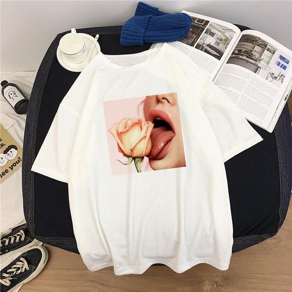 

summer aesthetics kawaii retro lips lollipop personality harajuku print vintage casual loose o neck ulzzang women clothing, White