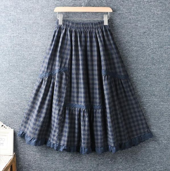 

spring new small fresh plaid cotton skirt elastic waist skirts mori girl 3351 drop shipping good quality, Black