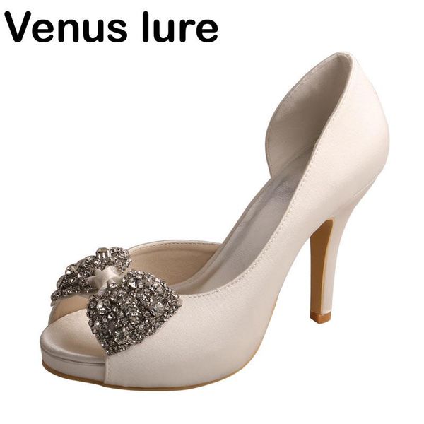 

satin ivory wedding pumps for bride brand crystal women dress shoes with bowtie, Black