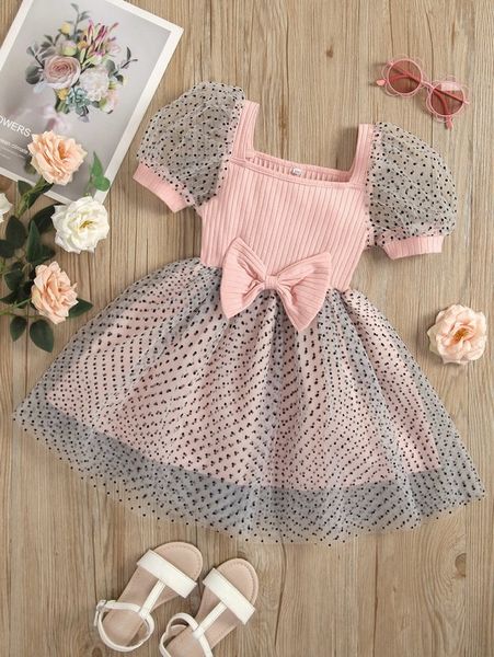 

toddler girls contrast polka dot mesh puff sleeve bow front dress she, Red;yellow