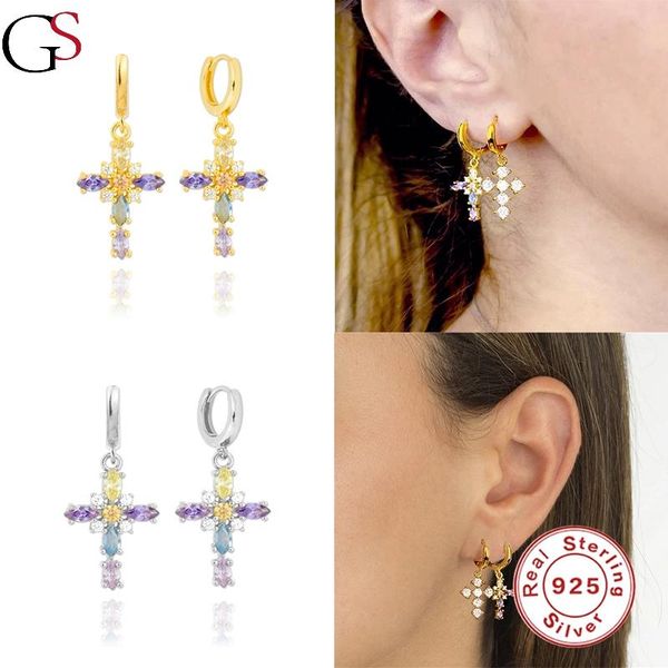 

gs colorful zircon cross hanging hoop earring for women 925 sterling silver piercing luxury huggie earrings 2021 fashion jewelry, Golden;silver