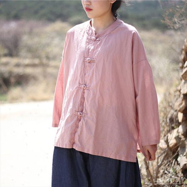 

johnature women stand shirts blouses 2021 new summer nine sleeve vintage plus size women clothes 5 color casual button shirt, White