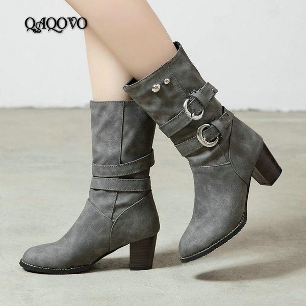 

2020 autumn winter ladies boots fashion mid-calf boots women comfort square high heels western cowboy slip on shoes women, Black