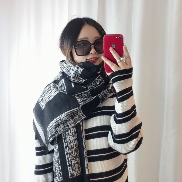 

t1xr vintage silk printing scarf kerchief fashion scarves women ladies grade muffler chiffon flower long and house bandanna wrap shawl, Black;white