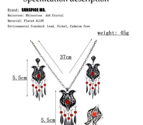 

sunspice ms 3pcs black bridal wedding jewelry sets silver color bohemia sequins earring necklace ring women dubai ethnic11